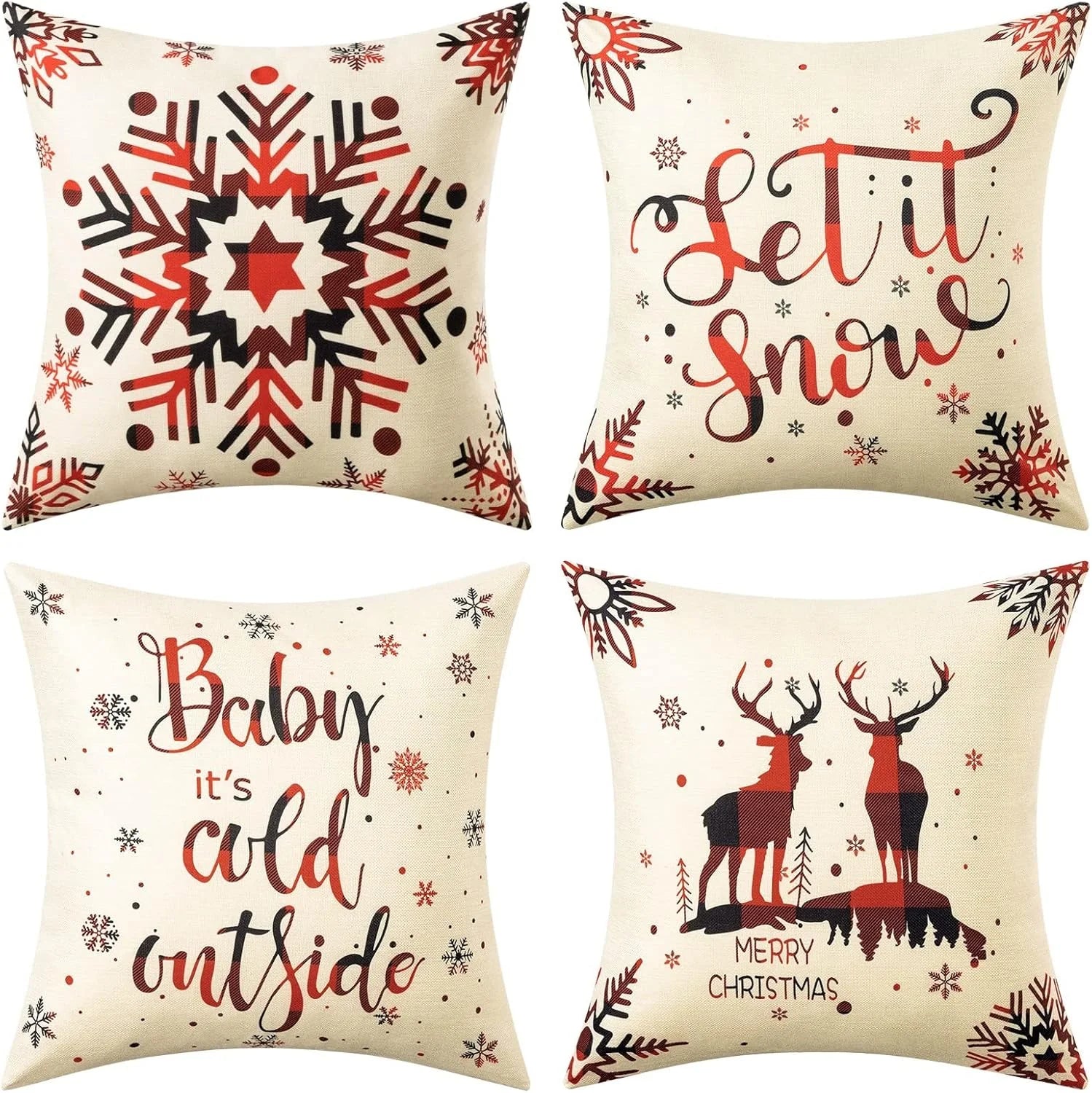 4-Pack Christmas Linen Pillow Covers – 18x18 Inch Holiday Throw Pillows for Sofa & Home Decor