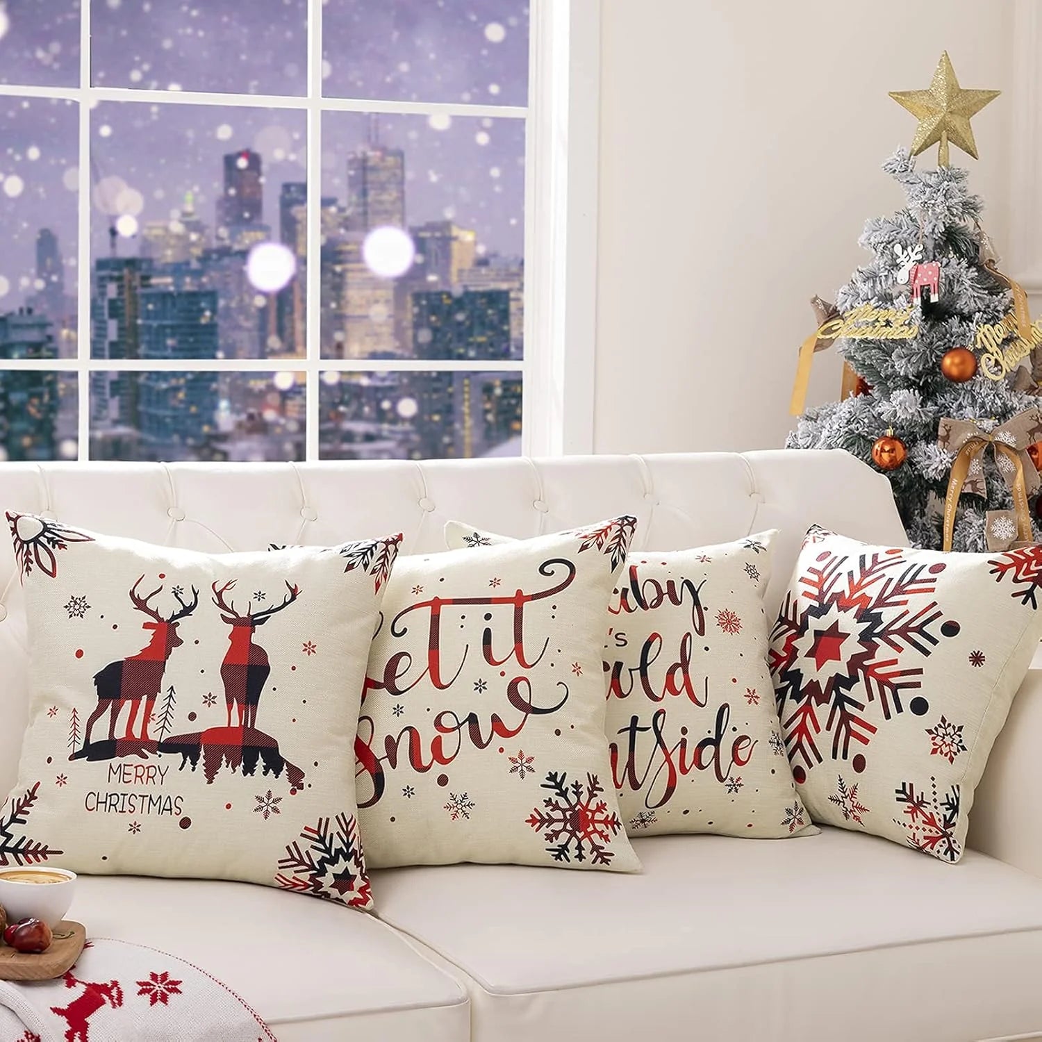 4-Pack Christmas Linen Pillow Covers – 18x18 Inch Holiday Throw Pillows for Sofa & Home Decor